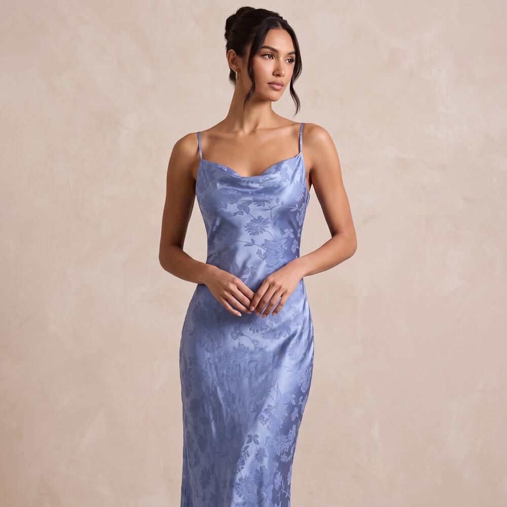 Floerns Women Floral Satin Cowl Neck Maxi Slip Dress Blue NWT Small